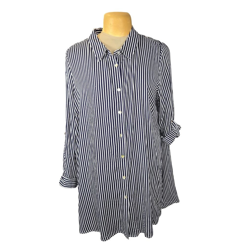 Arna York Collection 18/20 Navy‎ Blue White Striped Button Front Tunic Top Flowy